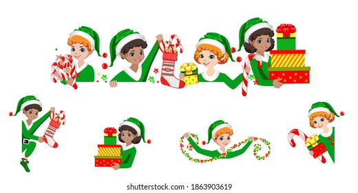 Vector set of happy Christmas elf with gifts, sweets and decorations. Merry Christmas and Happy New Year.