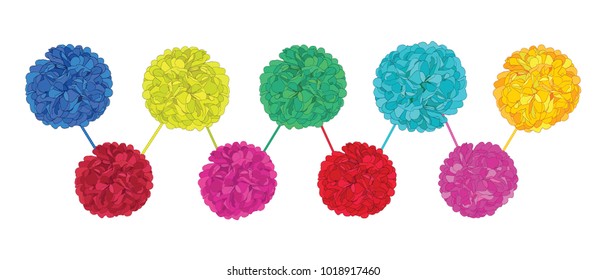 Vector Set of Happy Colorful Birthday Party Paper Pom Poms. Great for handmade cards, invitations, wallpaper, packaging, nursery designs.