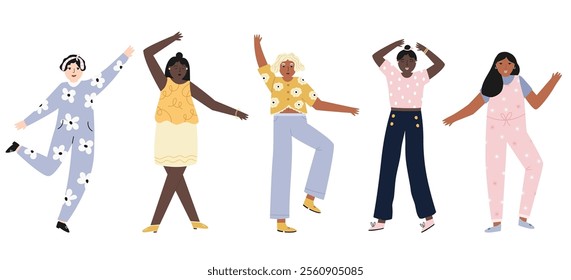 Vector set of happy dancing girls, having fun and enjoying themselves. Colorful flat illustrations on white background.