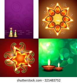 vector set of happy diwali background with crackers and decorated diya placed on rangoli illustration