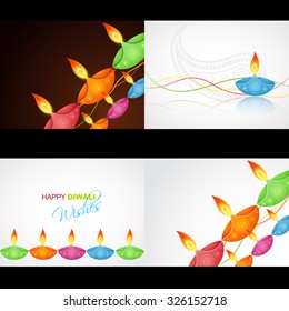 Vektor-Set mit fröhlichem Diwali-Hintergrund mit bunter Diya- und Wellengrafik