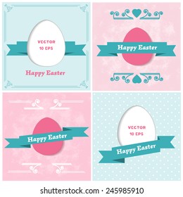 Vector Set Happy Easter cards in flat retro style. Paper cut easter Egg with shadow for your design. Greeting card. Suitable for various designs, invitation and scrapbook. Vector illustration. EPS 10