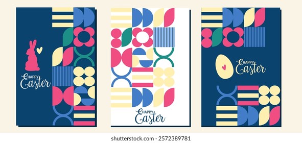 Vector set of Happy Easter cards in Bauhaus style. Geometric abstract background design of vector prints with rectangles, squares and circles.