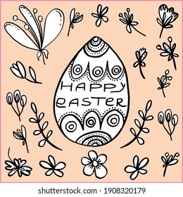 vector set Happy easter egg and flowers with herbs