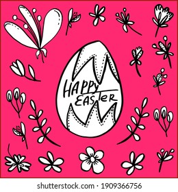 vector set Happy easter egg and flowers with herbs