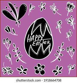 vector set Happy easter egg and flowers with herbs