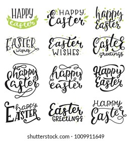 Vector set of Happy Easter lettering phrases and quotes card. Hand drawn modern calligraphy for poster.