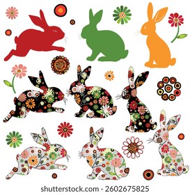 Vector set Happy Easter. Patterned Easter Bunnies with Flowers.  For Posters Banners Design, Sales, Cards, Invitations, Parties. Transpatent background. Isolated