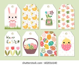 Vector set of Happy Easter and spring cute gift tags or cards with drawings of bunny, chickens and other design elements