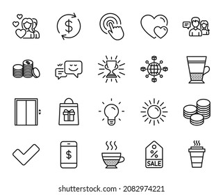 Vector set of Happy emotion, Click and Trophy line icons set. Holidays shopping, Sun and Hearts icons. Sale coupon, Tick and Usd exchange signs. Light bulb, Logistics network and Tips. Vector