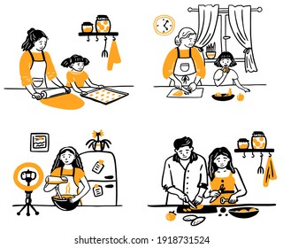 Vector set of happy family cooks in the kitchen. girl with boyfriend, mom with child, blogger hand-drawn style of vector doodle design illustrations. sketch. on an isolated white background