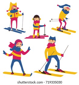 Vector set with happy family skiing isolated on white background.