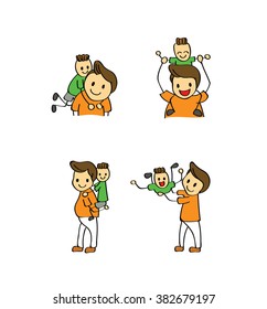 Vector set of happy father and son with different action for Father's day 