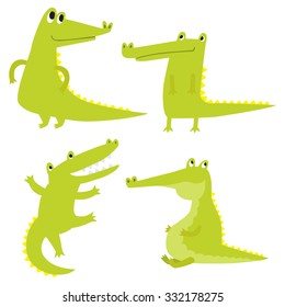 Vector set with happy fun crocodiles. Cartoon smiling alligators isolated on white background.