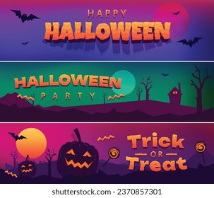 Vector Set Happy Halloween Banner, Trick or Treat. Pumpkins and bats in October night background