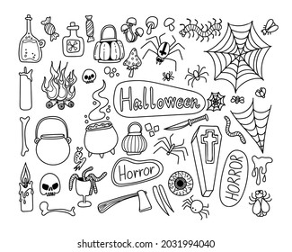 Vector set to Happy Halloween. Hand drawing doodle line. Scary elements for the celebration of the autumn holiday.