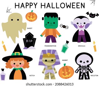 A vector set of Happy Halloween icons: ghost, witch, mummy, skeleton, bat, spider, pumpkins