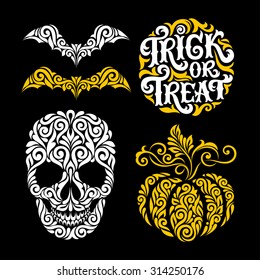 Vector set of Happy Halloween ornate elements: moon, skull, bats and pumpkin. Trick or treat hand drawn lettering for invitation, greeting cards, party design, tattoo, prints and posters