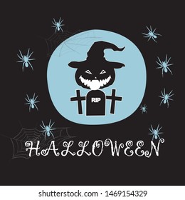 Vector set of Happy Halloween party invitations or greeting cards with a tombstone cross and spider symbols.