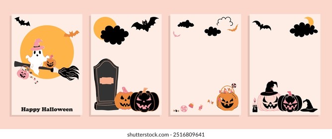 Conjunto de Vector de carteles de Feliz Halloween. Plantilla de saludos dibujados a mano de moda.