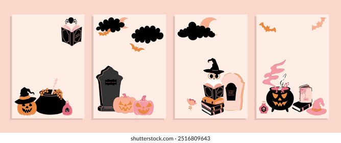 Conjunto de Vector de carteles de Feliz Halloween. Plantilla de saludos dibujados a mano de moda.