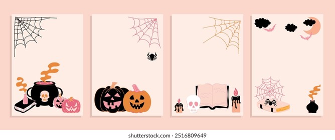 Conjunto de Vector de carteles de Feliz Halloween. Plantilla de saludos dibujados a mano de moda.