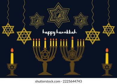 Vector set of happy hanukkah, menorah, david star. Judaism hanukkah festival elements for greeting card, poster, banner