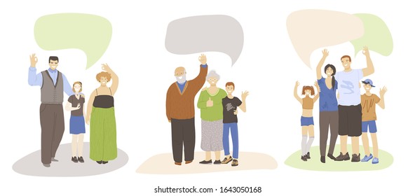 Vector Set Of Happy Joyful Different Generation Families, Waving Hands, Showing OK Sign With Speech Bubbles Above. Cheerful Happy Family With Kids, Older Parents And Adults, Isolated On White