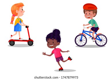 Vector set of happy kids riding skates, rollers, scooter and bike. Summer holidays outdoor activities for children. Vector illustration on white isolated background.