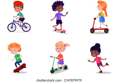 Vector set of happy kids riding skates, rollers, scooter and bike. Summer holidays outdoor activities for children. Vector illustration on white isolated background.