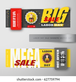 Vector set of Happy Labor Day big and mega sale banners with label of gear cut from paper, red and gray ribbon on the gradient gray background.
