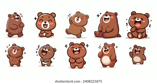 Vector set of happy laughing brown bears in a simple and minimalist cartoon vector style