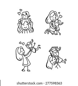 Vector set of happy mom and daughter from kid to graduate  