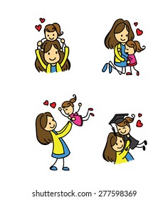Vector set of happy mom and daughter from kid to graduate  
