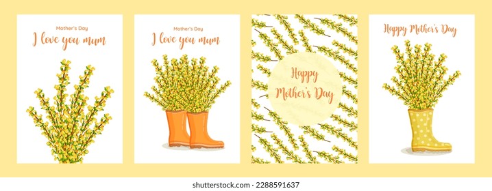 Vector set for happy mother's day holiday. Spring floral illustration with yellow forsythia flowers.