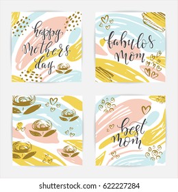 Vector set of Happy Mothers Day lettering greeting cards with flowers. Vector illustration.