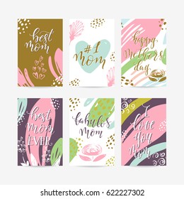 Vector set of Happy Mothers Day lettering greeting cards with flowers. Vector illustration.