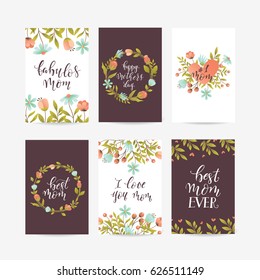 Vector set of Happy Mothers Day lettering greeting cards with Flowers. Vector illustration.