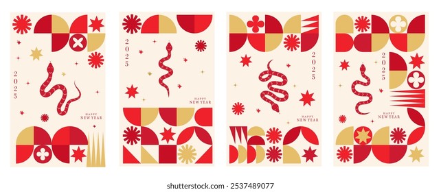 Conjunto vetorial de Feliz Ano Novo 2025 fundos verticais com uma cobra e formas geométricas.