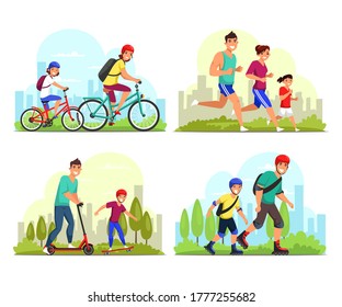 Vector set happy parenthood, childhood, parents and children play, spend time together. Mother, father, daughter and son run, ride bicycles, roller skates and scooters. Cartoon flat character bundle