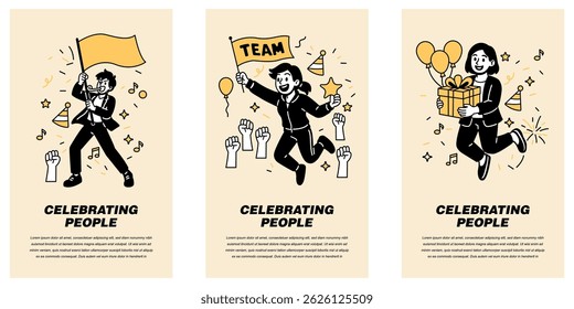 Vector set of happy people celebrating success with flags, gifts, and team spirit