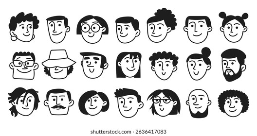 Vector set of happy people diversity avatars in doodle style. Portraits of men, women. Simple line, head, outline. Modern illustration isolated