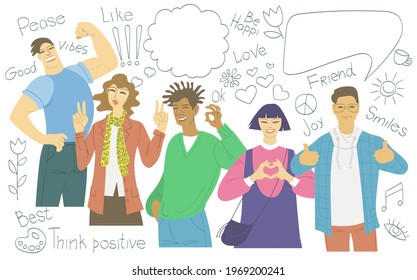 Vector. Set of happy people showing positive emotions with hand gestures. Isolated on white background surrounded by doodles icons and inscriptions. Clenched fist, victory fingers, thumbs excellent