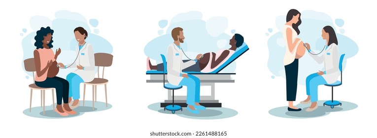 Vector set of happy pregnant woman at the doctor's appointment. Examination, consultation and examination during pregnancy. Vector illustration in a flat style.