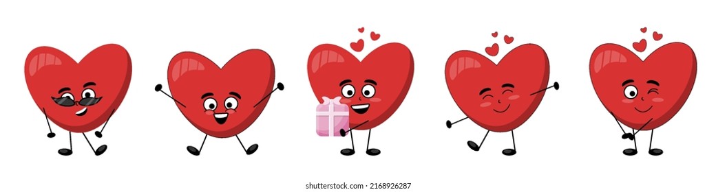 vector set of happy red hearts, character with expression of feelings of love, kindness, give a gift, hug