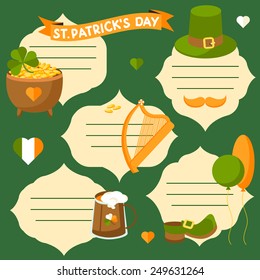 Vector set of Happy Saint Patrick's Day stickers or tags with including clover leaves, leprechaun hat, pot of gold, balloons. Modern flat design style. Frames for your design. 