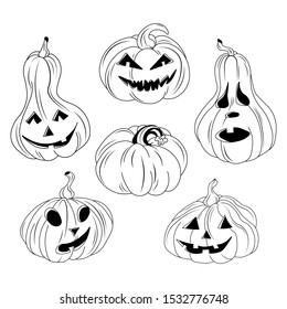 Vector set of happy and scary  faces Halloween pumpkins isolated on white background. Vector cartoon Illustration. Autumn holiday. Halloween pumpkin with cut out faces funny and spooky. Trick or treat