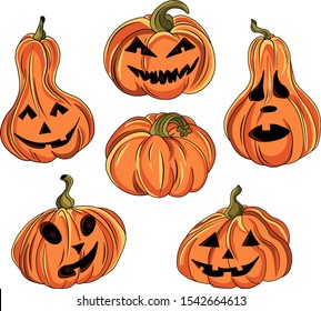 Vector set of happy and scary faces Halloween pumpkins isolated on white background. Vector cartoon Illustration. Autumn holiday. Halloween pumpkin with cut out faces funny and spooky. Trick or treat