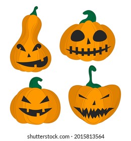 Vector set of happy and scary faces Halloween pumpkins isolated on white background. Vector cartoon Illustration. Autumn holiday. Halloween pumpkin with cut out faces funny and spooky. Trick or treat