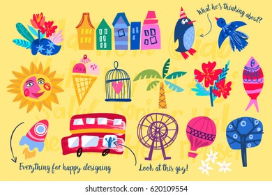 Vector set of happy travel icons.